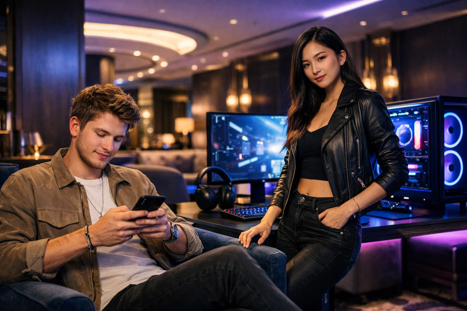 Players with smartphones and desktop gaming setup